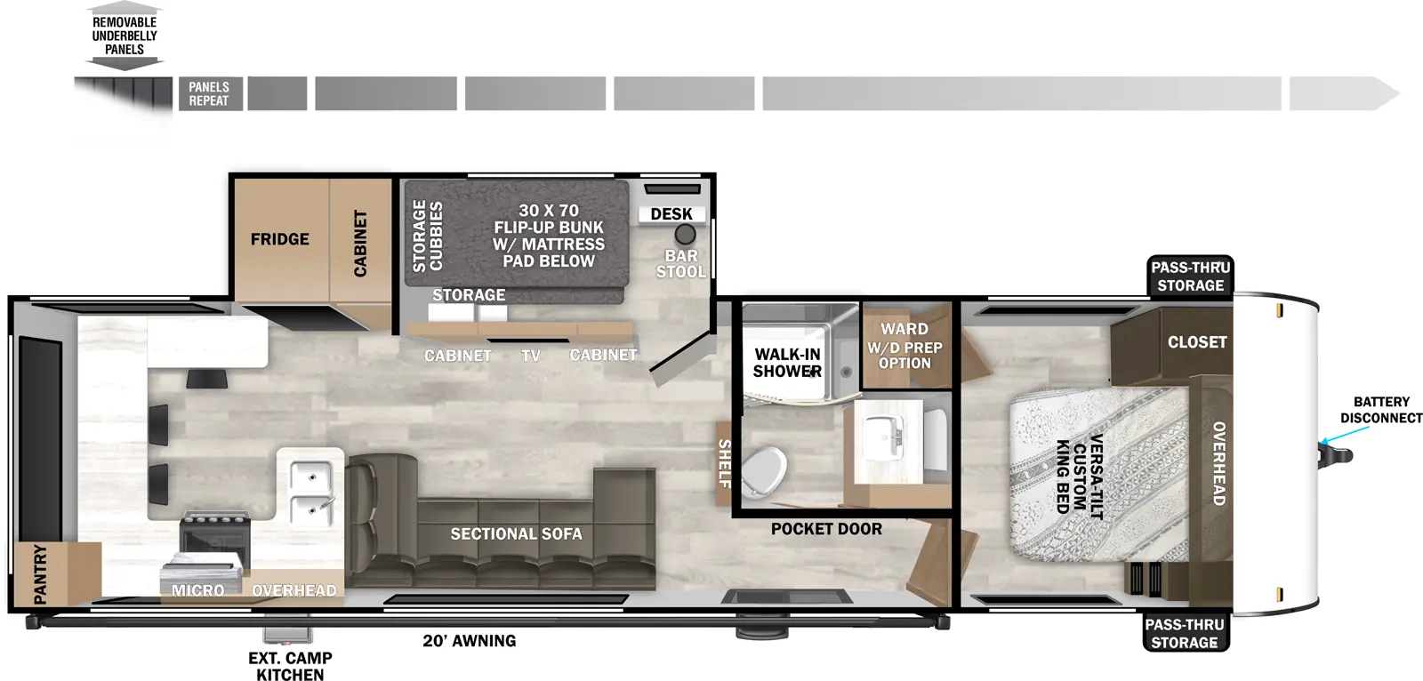 The Wildwood 29VIEW floorplan has one entry and one slide out. Exterior features include: fiberglass exterior, 20' awning and outside kitchen. Interiors features include: bunk beds, rear kitchen and front bedroom.
